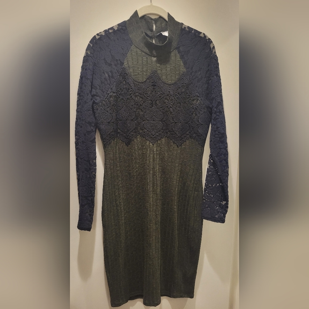 Venus Olive Green Dress With Black Lace Detail